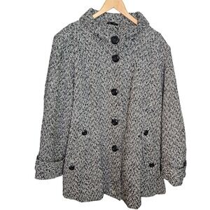 Details Intl Womens 2X Herringbone Pea Coat Black White Button Up Long Jacket‎